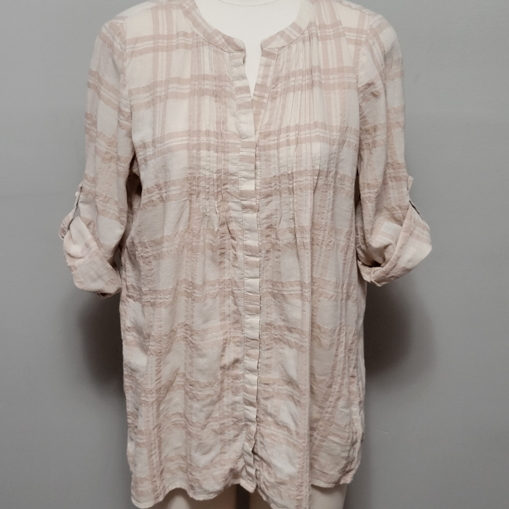 Anthro Pleione Beige Combo Plaid Button Down Size Medium